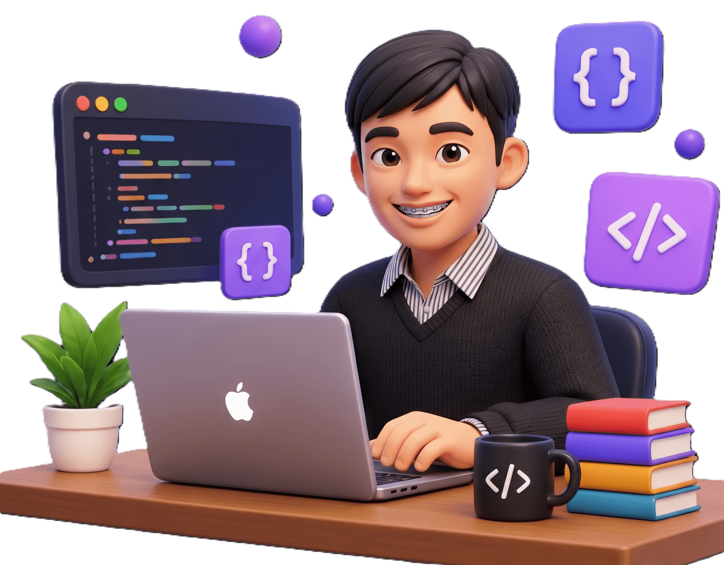 3D illustration of Imam Abdul Aziz coding at a laptop